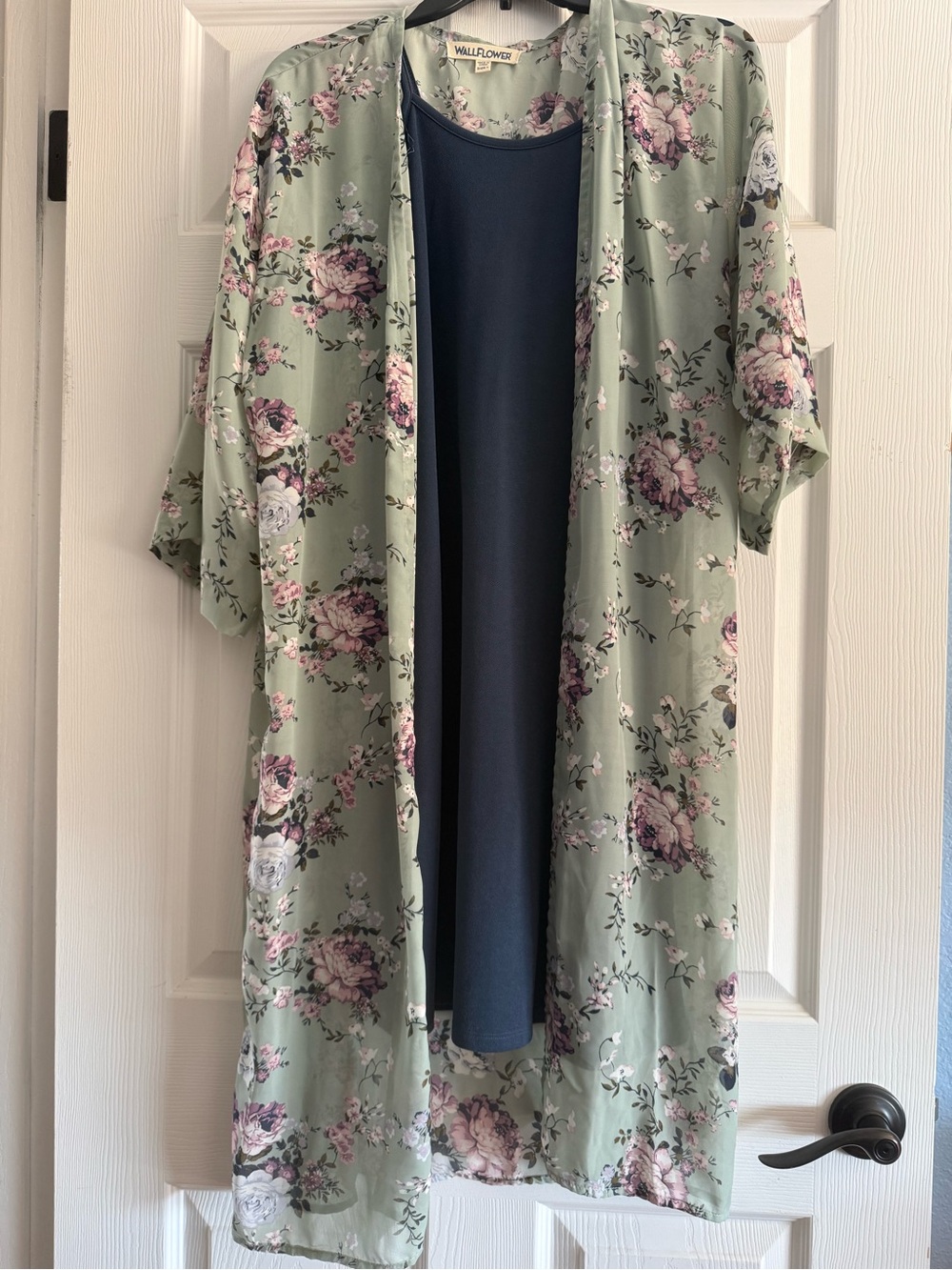 Wallflower Sage Floral Satin Robe with Navy Slip Layer